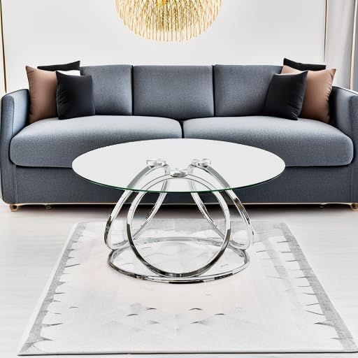 O&K FURNITURE Silver Coffee Table, Modern Glass Coffee Table Living Room Table with Ring-Shaped Frames, Glass Coffee Table for Home&Office, Chrome Finish, 1 PC | Modern