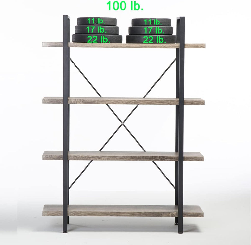 HSH 4-Shelf Vintage Industrial Bookshelf, Rustic Gray Wood and Metal 4 Tier Bookcase, Open Wide Etagere Book Shelf for Home Office Livingroom Bedroom Dispaly, Light Grey Oak