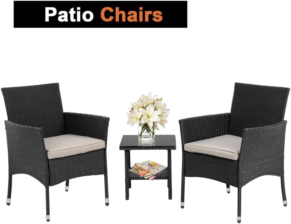 Patio Furniture Set 3 Piece Patio Chair Bistro Set Outdoor Rattan Chairs Wicker Conversation Set for Backyard Porch Poolside Lawn,Black
