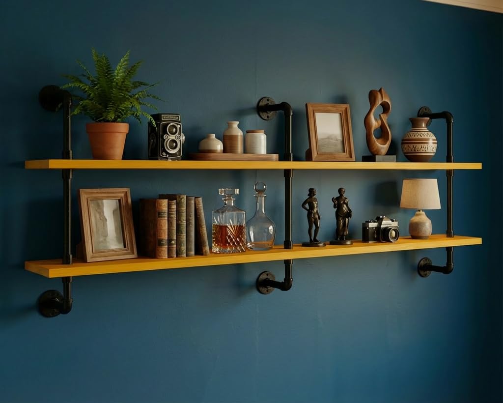 HDDFER Industrial Pipe Shelf Shelving Bookcase, Wall Mounted Rustic Bookshelf, Floating Bookshelves for Wall,Retro Wood Metal Pipe Industrial Shelves for Living Room