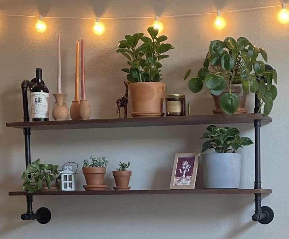 Industrial Pipe Wall Shelves Pipe Shelving with Real Wood Plank ,48 Inches Floating Shelves for Wall Farmhouse Pipe Book Shelves Dark Brown 3 Tier for Kitchen,Living Room Decor and Bar Shelving