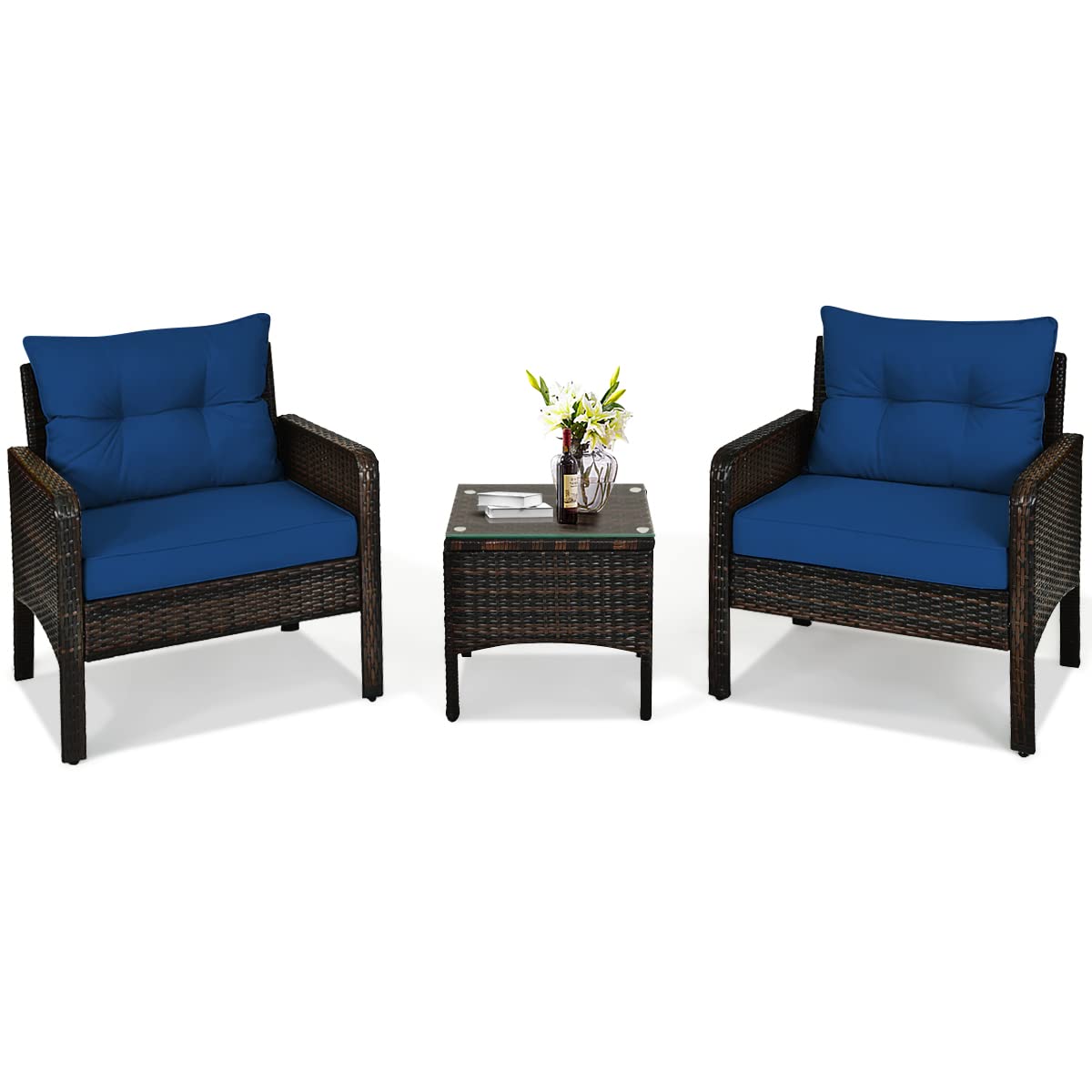 HAPPYGRILL 3 Pieces Patio Furniture Set Outdoor Rattan Wicker Coffee Table & Chairs Set with Seat Cushions Patio Conversation Set for Garden Balcony Backyard Poolside