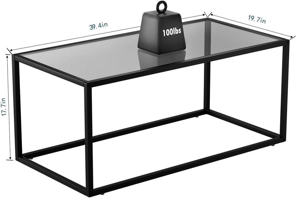 SAYGOER Glass Coffee Table Modern Coffee Tables Simple Rectangular Center Table with Open Space for Living Room Home Office,39.3 x 19.7 x 17.7Inches, Gray Black