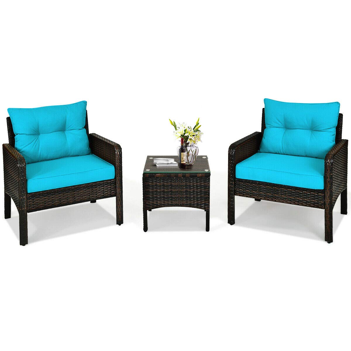 HAPPYGRILL 3 Pieces Patio Furniture Set Outdoor Rattan Wicker Coffee Table & Chairs Set with Seat Cushions Patio Conversation Set for Garden Balcony Backyard Poolside