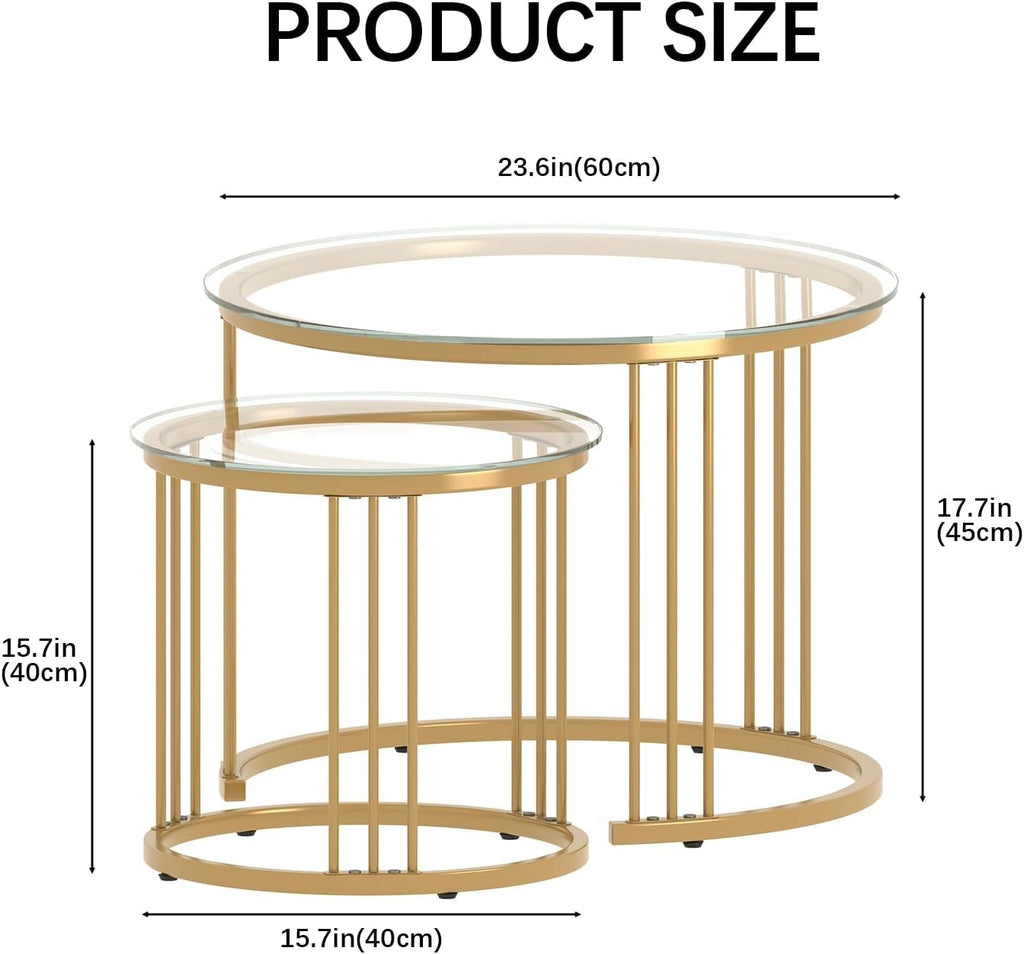 Garden 4 you Nesting Coffee Table, 23.6" Round Coffee Table Set of 2, Glass Nesting Table with Metal Frame, Ceter Tables for Living Room Bedroom Balcony, Gold
