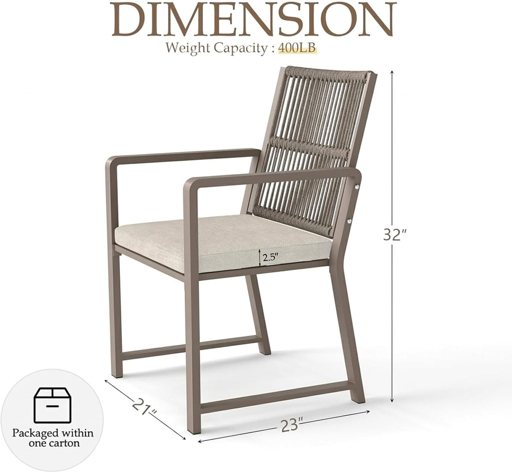 Outdoor Patio Dining Chair, All-Weather Woven Rope Outdoor Chairs Set of 2, Sturdy Iron Frame, 400 lbs, Ergonomic Backrest, Removable Breathable Cushion, for Patio & Garden, Light Brown