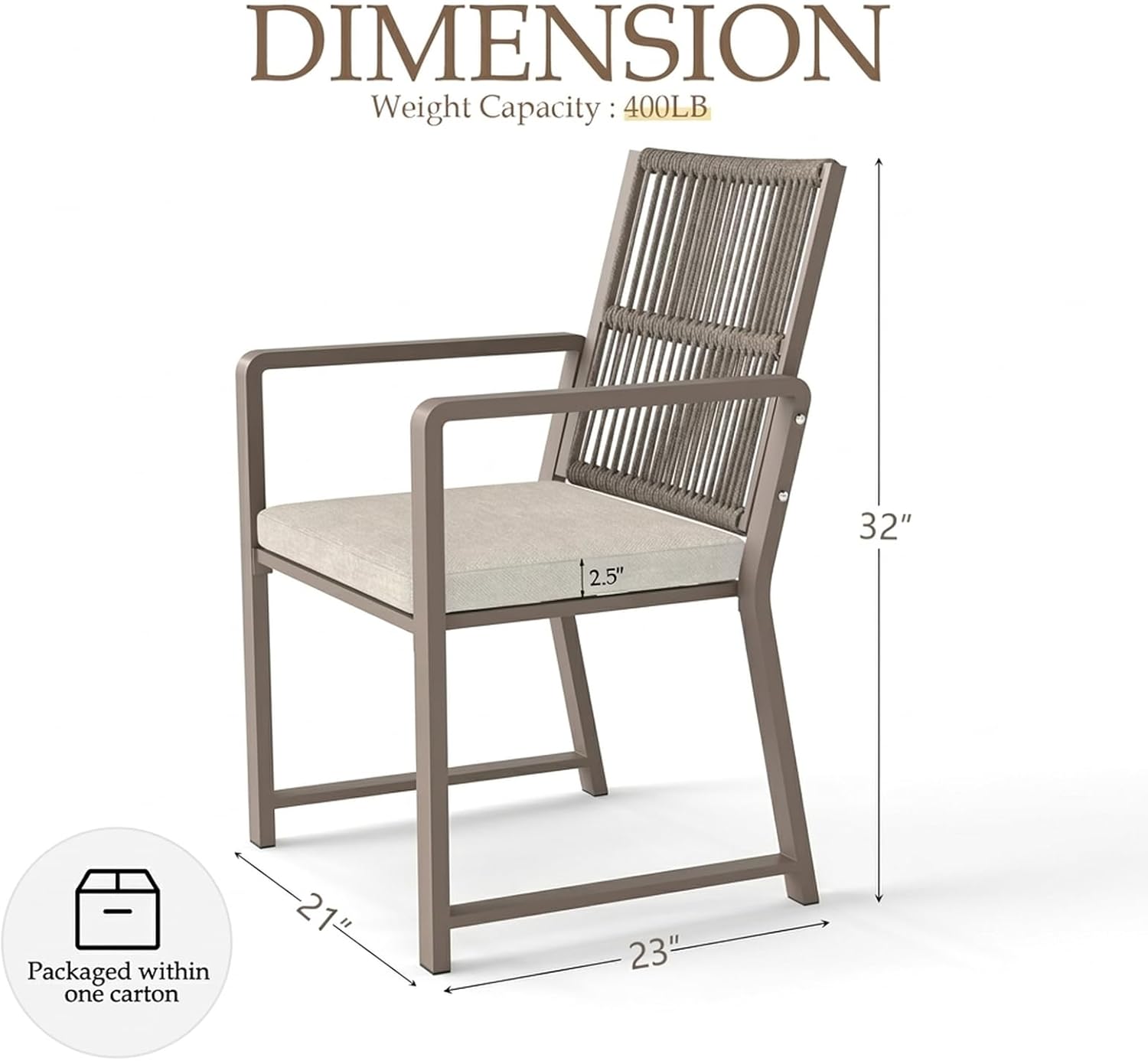 Outdoor Patio Dining Chair, All-Weather Woven Rope Outdoor Chairs Set of 2, Sturdy Iron Frame, 400 lbs, Ergonomic Backrest, Removable Breathable Cushion, for Patio & Garden, Light Brown