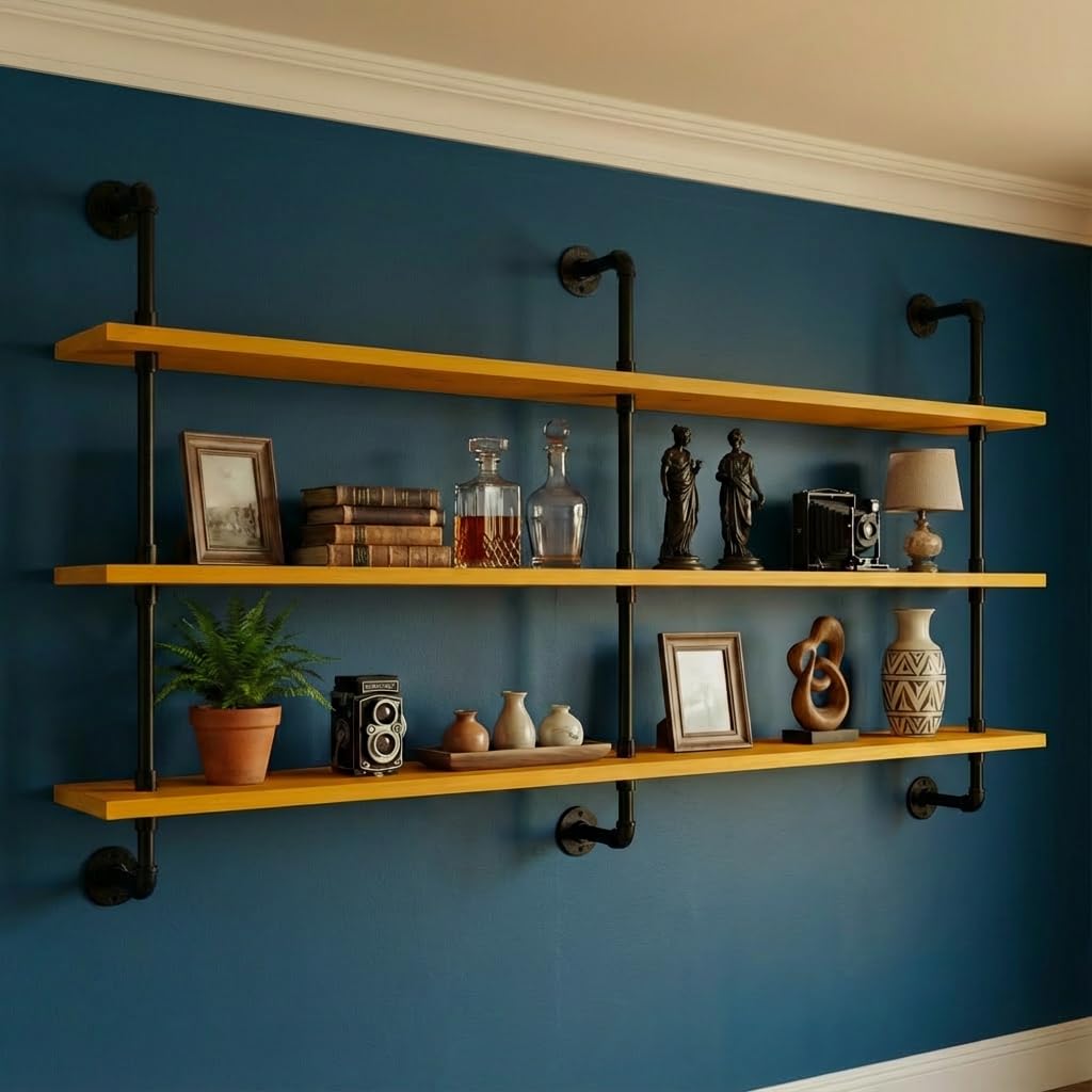HDDFER Industrial Pipe Shelf Shelving Bookcase, Wall Mounted Rustic Bookshelf, Floating Bookshelves for Wall,Retro Wood Metal Pipe Industrial Shelves for Living Room
