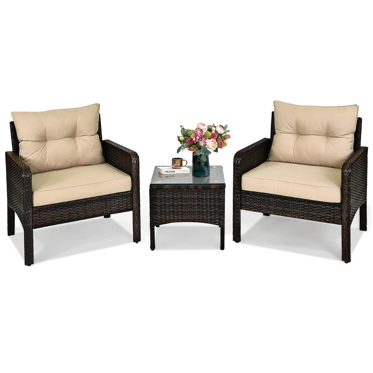 HAPPYGRILL 3 Pieces Patio Furniture Set Outdoor Rattan Wicker Coffee Table & Chairs Set with Seat Cushions Patio Conversation Set for Garden Balcony Backyard Poolside
