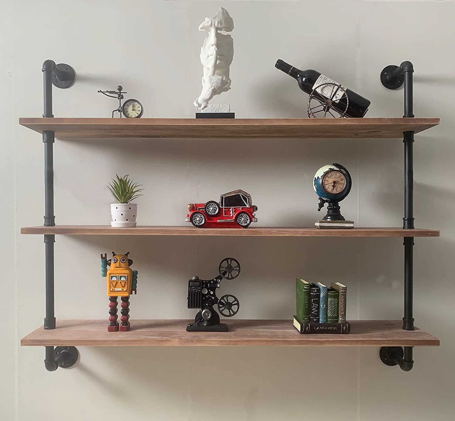 HDDFER Industrial Pipe Shelf Shelving Bookcase, Wall Mounted Rustic Bookshelf, Floating Bookshelves for Wall,Retro Wood Metal Pipe Industrial Shelves for Living Room