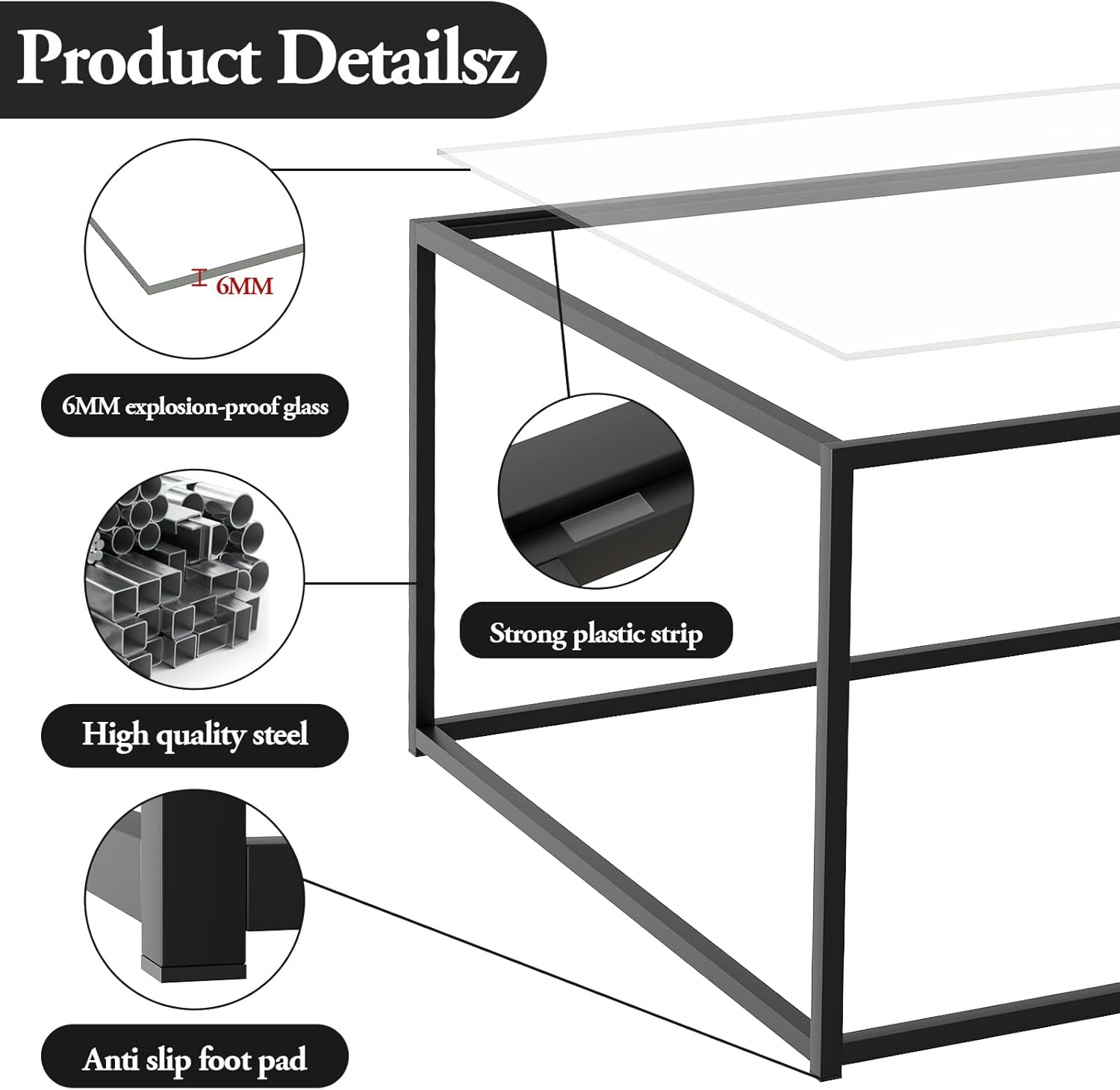26" Square Black Glass Coffee Table, Modern Center Table Easy Assembly for Small Spaces