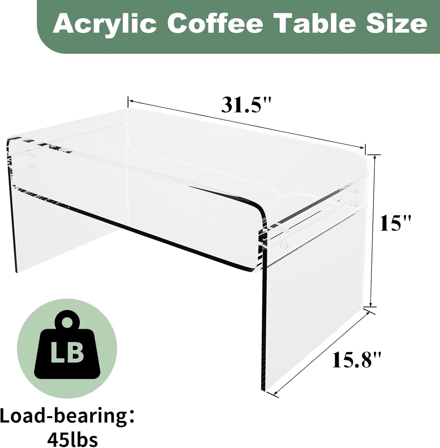 Clear Acrylic Coffee Table with Storage Shelf, 31.5" Rectangular Side Table