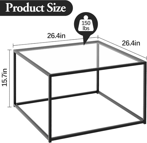 26" Square Black Glass Coffee Table, Modern Center Table Easy Assembly for Small Spaces