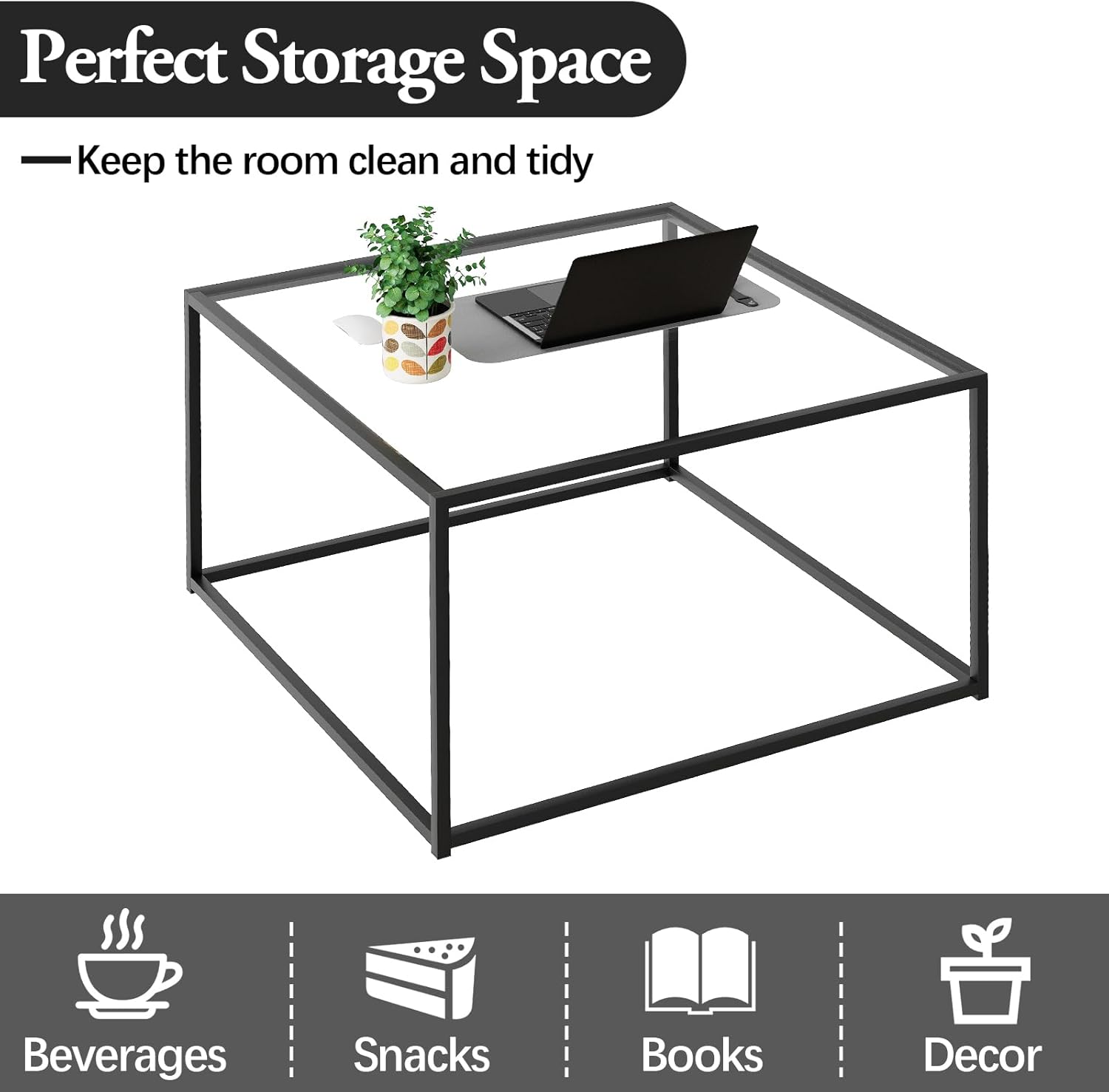 26" Square Black Glass Coffee Table, Modern Center Table Easy Assembly for Small Spaces
