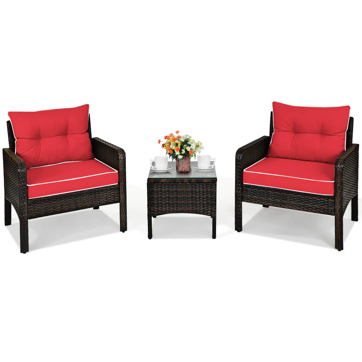 HAPPYGRILL 3 Pieces Patio Furniture Set Outdoor Rattan Wicker Coffee Table & Chairs Set with Seat Cushions Patio Conversation Set for Garden Balcony Backyard Poolside