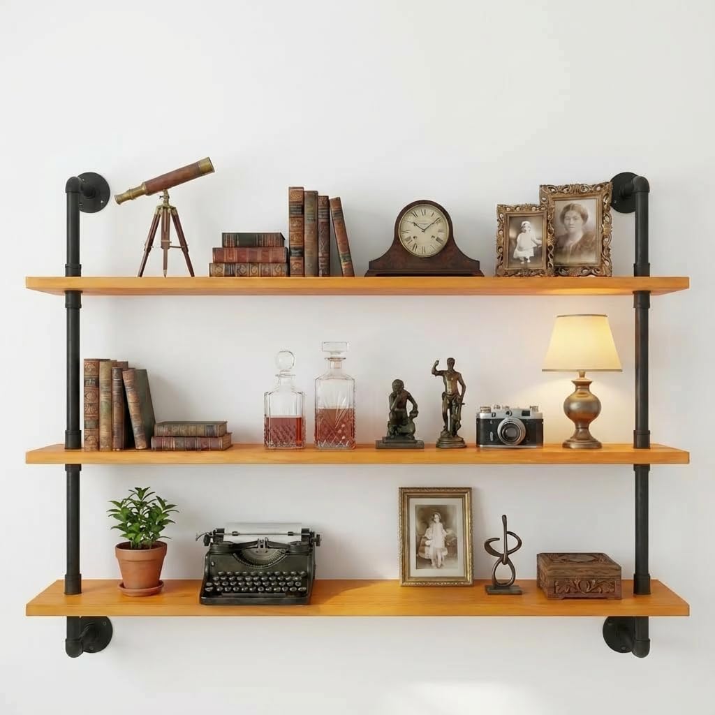 HDDFER Industrial Pipe Shelf Shelving Bookcase, Wall Mounted Rustic Bookshelf, Floating Bookshelves for Wall,Retro Wood Metal Pipe Industrial Shelves for Living Room