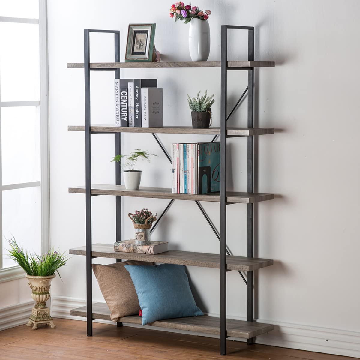 HSH 4-Shelf Vintage Industrial Bookshelf, Rustic Gray Wood and Metal 4 Tier Bookcase, Open Wide Etagere Book Shelf for Home Office Livingroom Bedroom Dispaly, Light Grey Oak