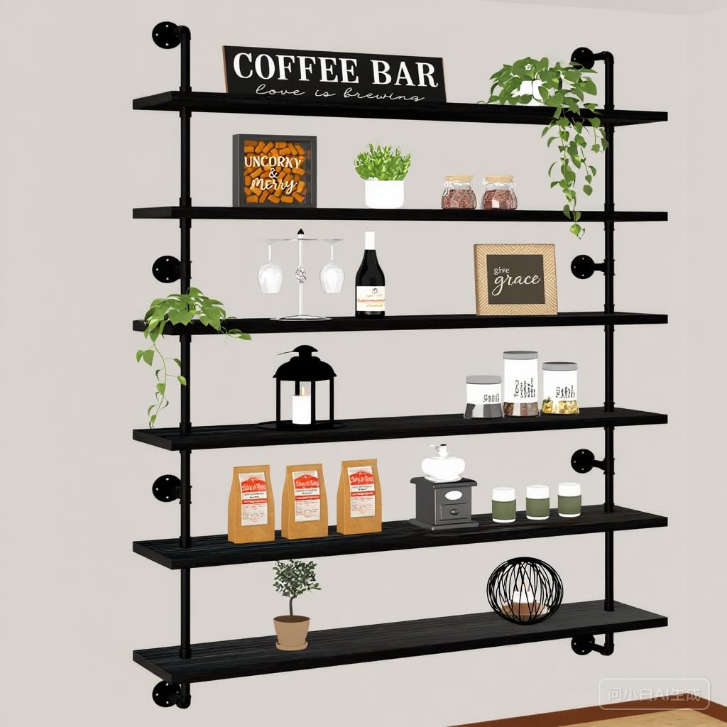 HDDFER Industrial Pipe Shelf Shelving Bookcase, Wall Mounted Rustic Bookshelf, Floating Bookshelves for Wall,Retro Wood Metal Pipe Industrial Shelves for Living Room