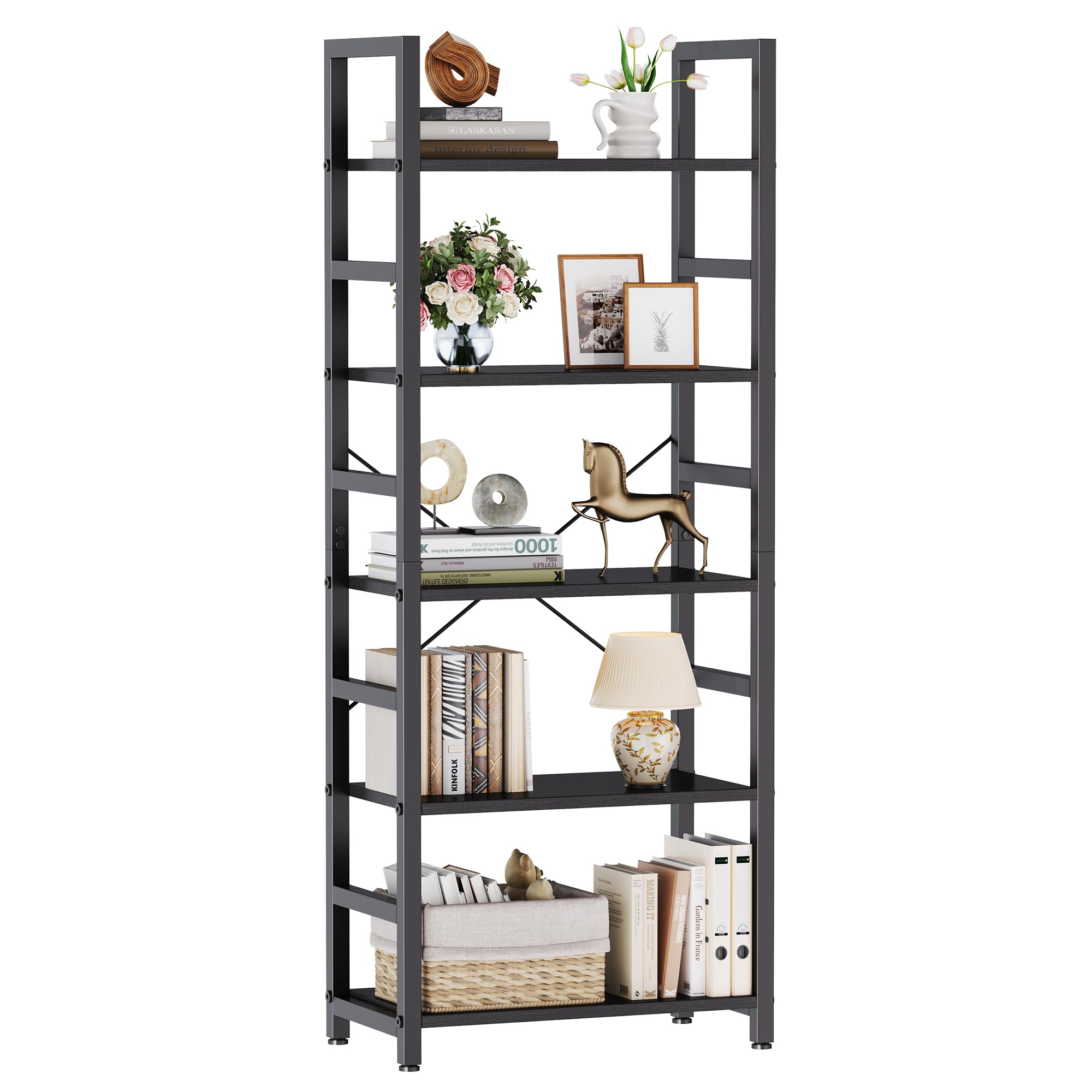 DUMOS 5 Tiers Bookshelf, Classical Modern Book Shelf, Tall Display Shelves in Living Room/Home/Office, Storage Organizer for CDs/Books/Movies, Rustic Brown