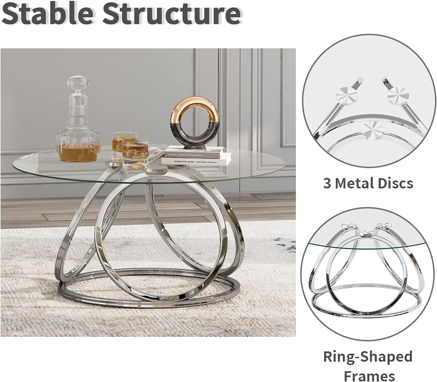 O&K FURNITURE Silver Coffee Table, Modern Glass Coffee Table Living Room Table with Ring-Shaped Frames, Glass Coffee Table for Home&Office, Chrome Finish, 1 PC | Modern