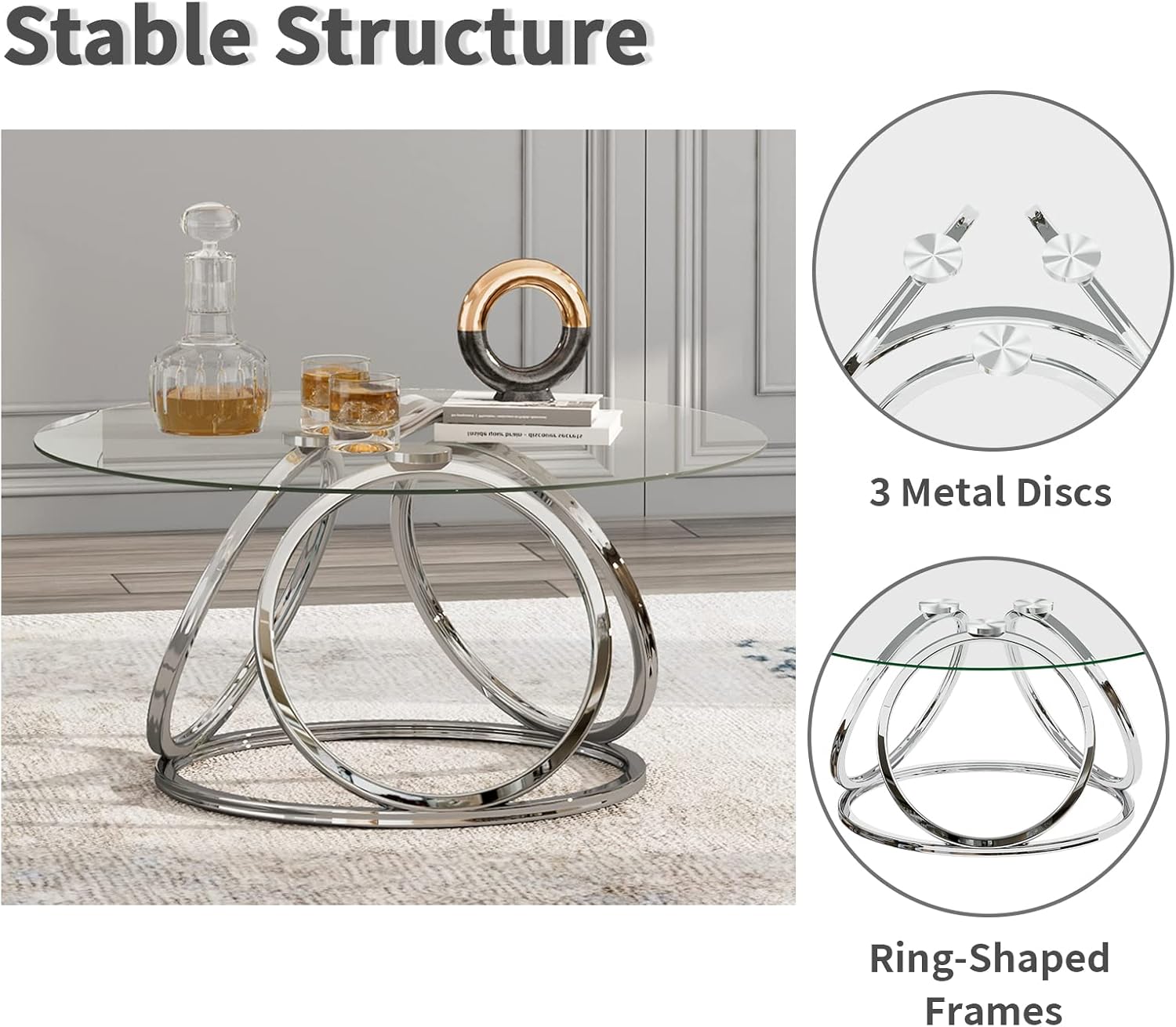 O&K FURNITURE Silver Coffee Table, Modern Glass Coffee Table Living Room Table with Ring-Shaped Frames, Glass Coffee Table for Home&Office, Chrome Finish, 1 PC | Modern