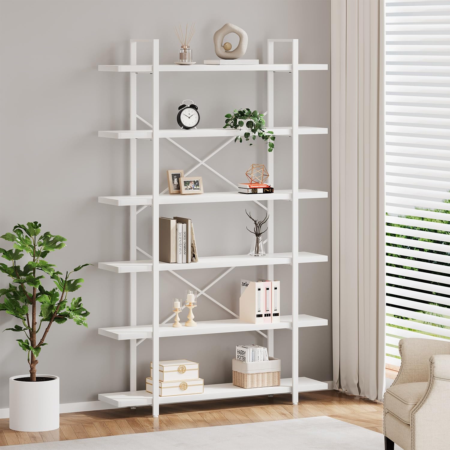 HSH 4-Shelf Vintage Industrial Bookshelf, Rustic Gray Wood and Metal 4 Tier Bookcase, Open Wide Etagere Book Shelf for Home Office Livingroom Bedroom Dispaly, Light Grey Oak
