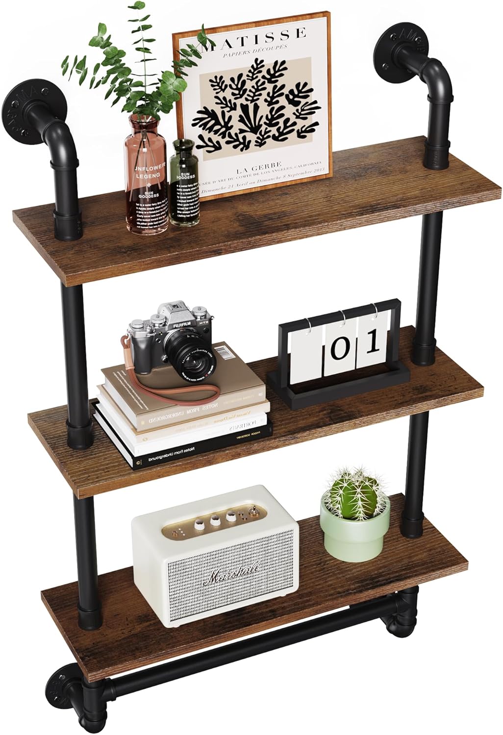 Merapi 24" Industrial Floating Shelves with Tower Bar, Pipe Shelves for Wall, 3 Tier Rustic Wood Wall Shelves for Home Décor, Bedroom, Living Room, Bathroom