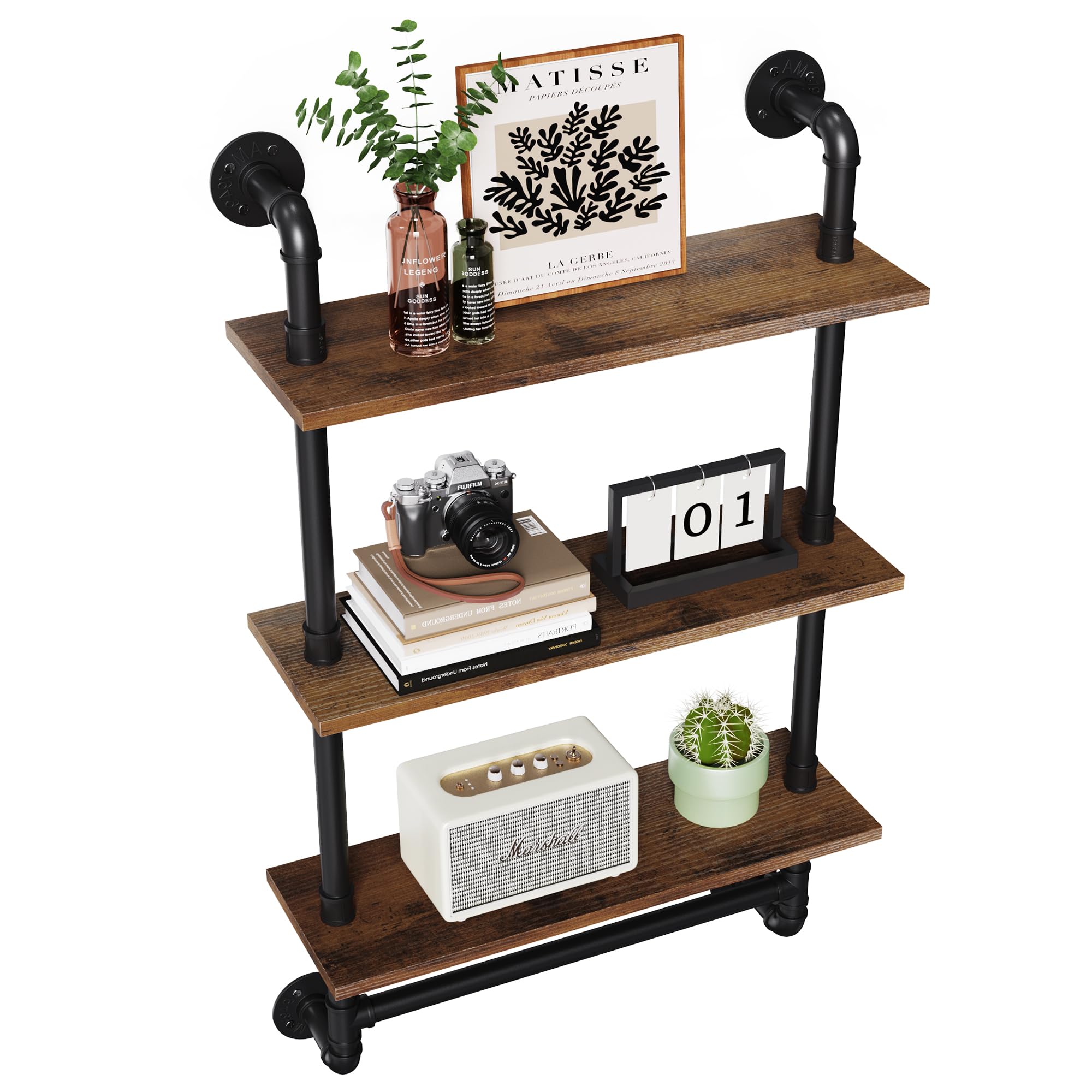 Merapi 24" Industrial Floating Shelves, Pipe Shelves for Wall, 2 Tier Rustic Wood Wall Shelves for Home Décor, Bedroom, Living Room, Bathroom