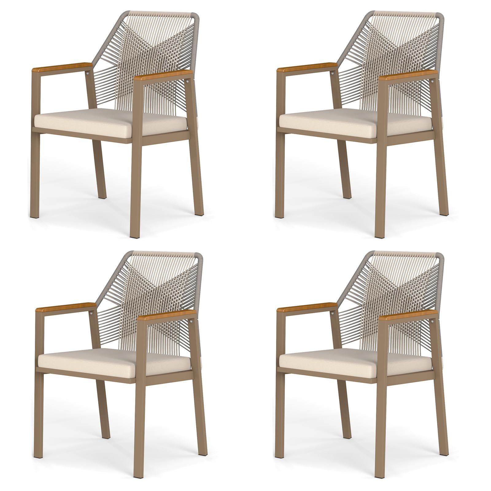 Outdoor Patio Dining Chair, All-Weather Woven Rope Outdoor Chairs Set of 2, Sturdy Iron Frame, 400 lbs, Ergonomic Backrest, Removable Breathable Cushion, for Patio & Garden, Light Brown