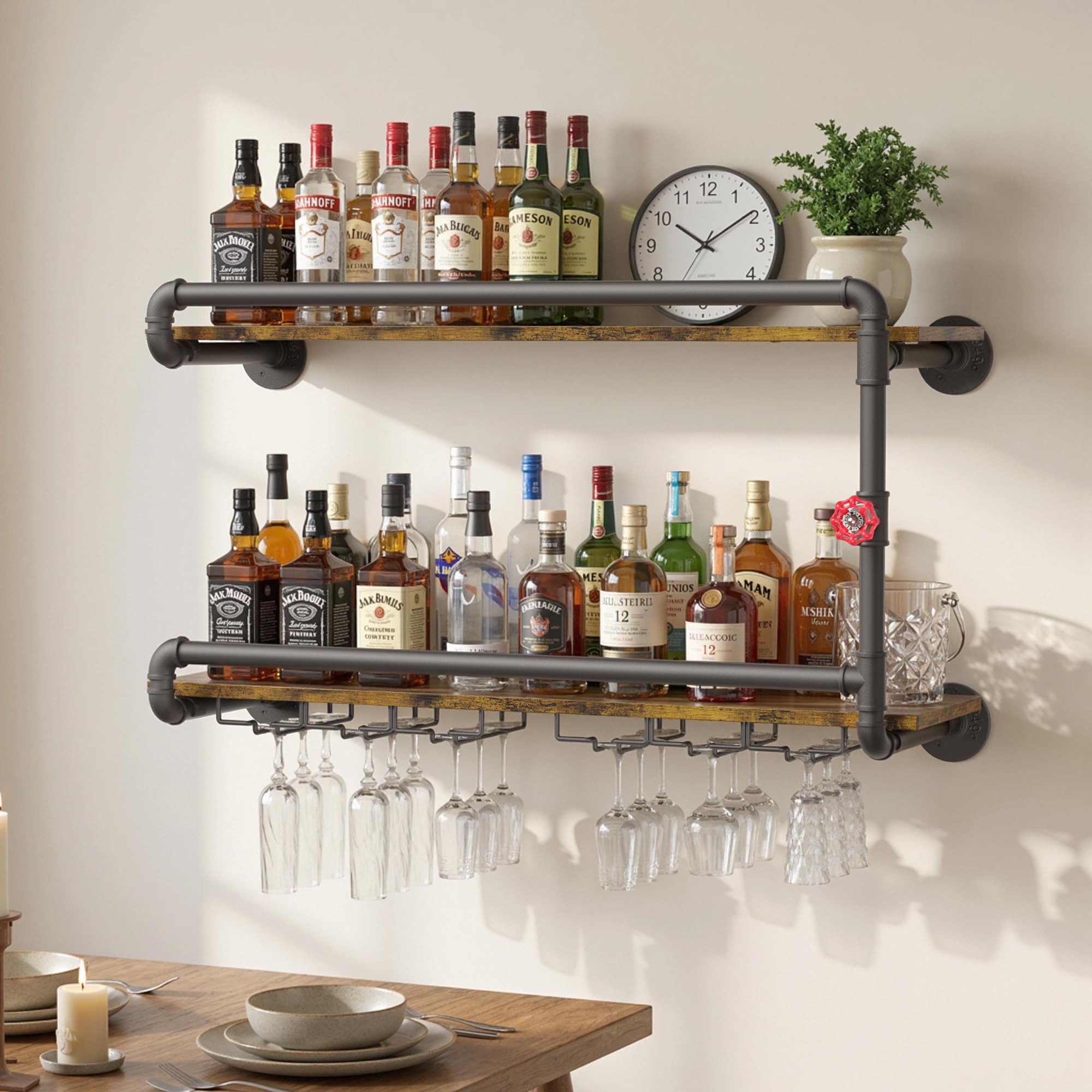 Merapi 24" Industrial Floating Shelves with Tower Bar, Pipe Shelves for Wall, 3 Tier Rustic Wood Wall Shelves for Home Décor, Bedroom, Living Room, Bathroom