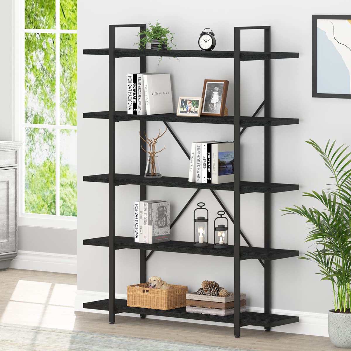 HSH 4-Shelf Vintage Industrial Bookshelf, Rustic Gray Wood and Metal 4 Tier Bookcase, Open Wide Etagere Book Shelf for Home Office Livingroom Bedroom Dispaly, Light Grey Oak