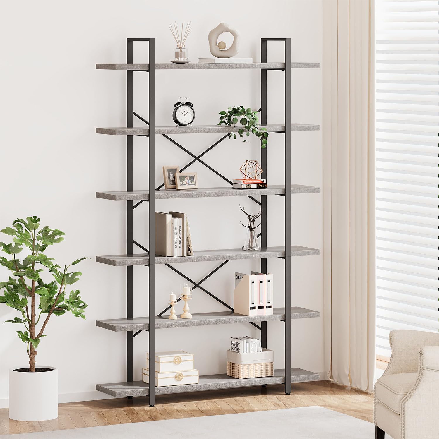 HSH 4-Shelf Vintage Industrial Bookshelf, Rustic Gray Wood and Metal 4 Tier Bookcase, Open Wide Etagere Book Shelf for Home Office Livingroom Bedroom Dispaly, Light Grey Oak