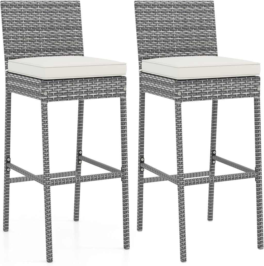 COSTWAY Outdoor Wicker Bar Stools Set of 2, 30'' Patio Bar Height Chairs with Cushion, Footrest and Backrest, Rattan Barstools for Backyard Poolside Deck (Grey)