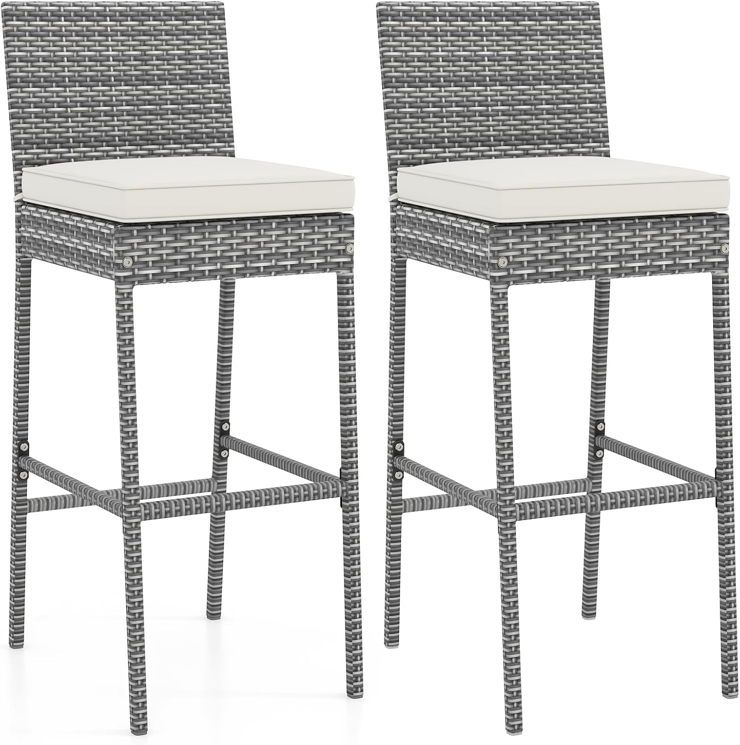 COSTWAY Outdoor Wicker Bar Stools Set of 2, 30'' Patio Bar Height Chairs with Cushion, Footrest and Backrest, Rattan Barstools for Backyard Poolside Deck (Grey)