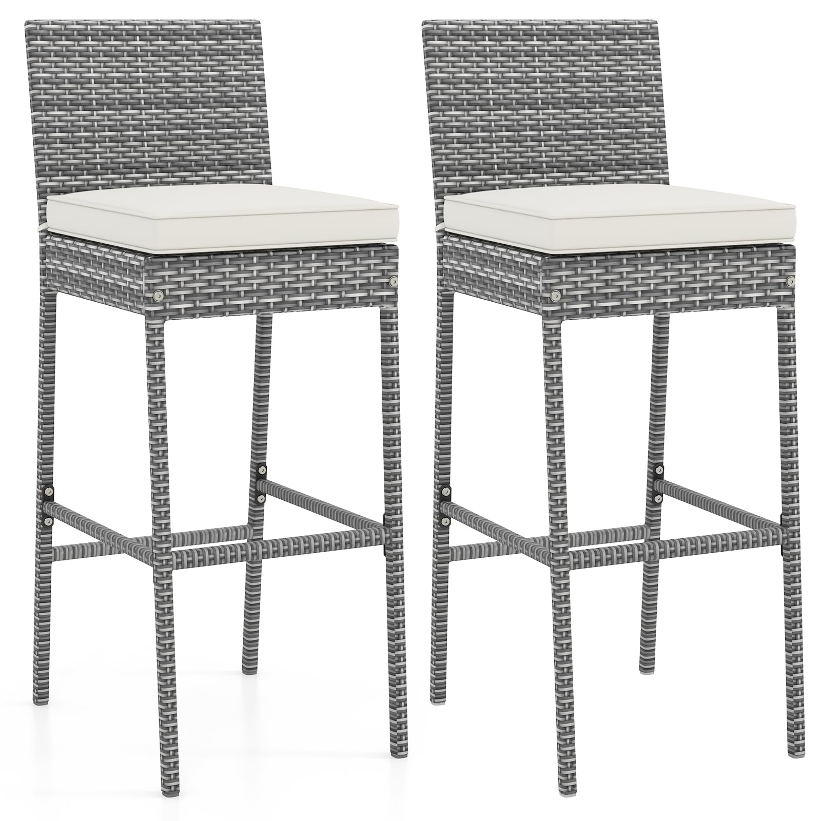 COSTWAY Outdoor Wicker Bar Stools Set of 2, 30'' Patio Bar Height Chairs with Cushion, Footrest and Backrest, Rattan Barstools for Backyard Poolside Deck (Grey)