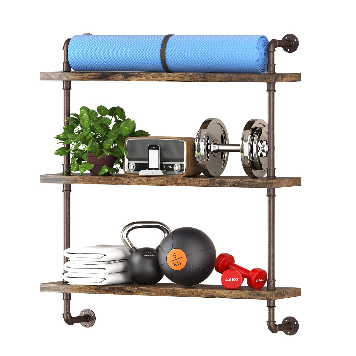 Helsin 3 Tier Industrial Pipe Shelf Rustic Wood Floating Shelves,Wall Display Bookshelf,Storage Rack Sundries Holder for Kitchen Office Bathroom Organization and Home Decor (24inch)