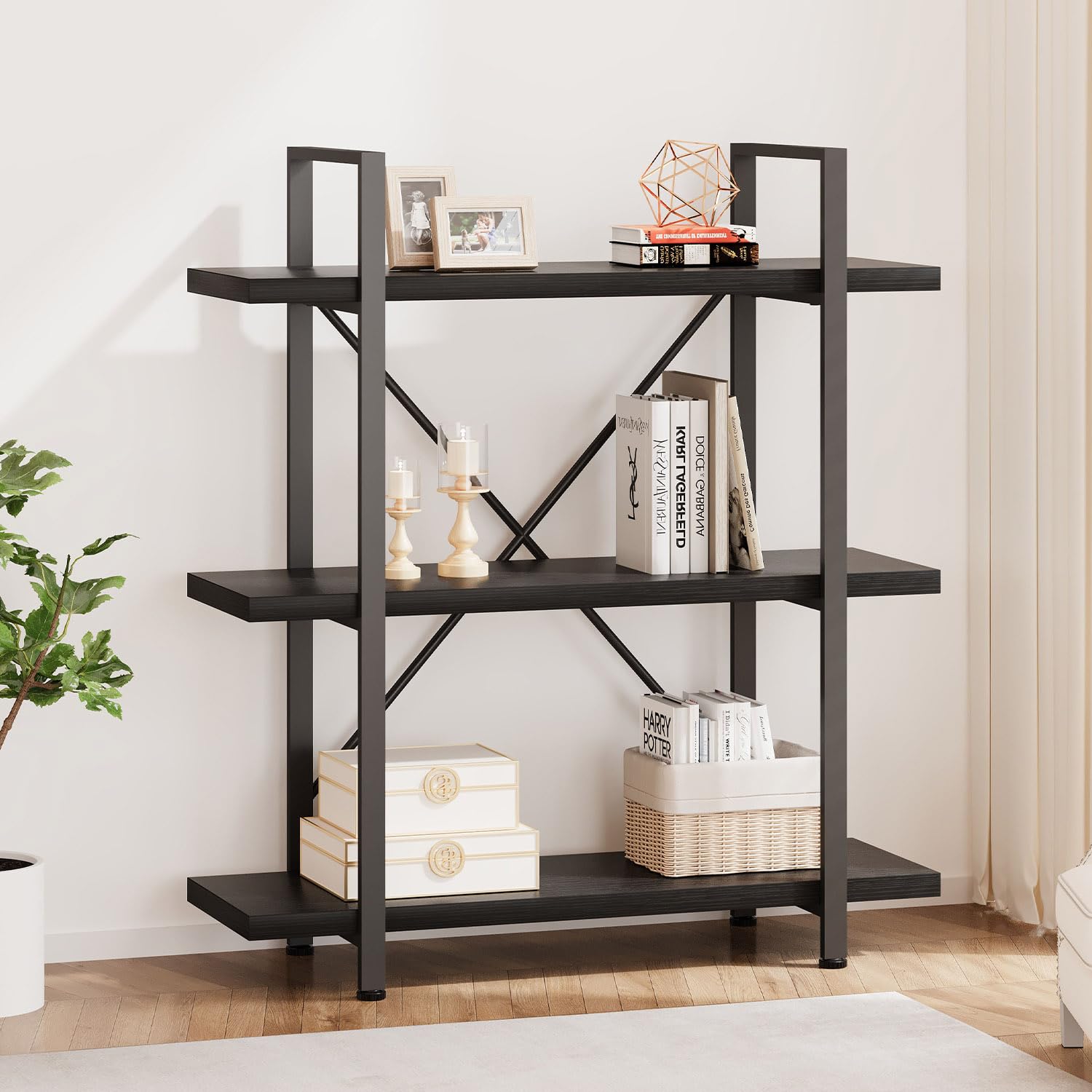 HSH 4-Shelf Vintage Industrial Bookshelf, Rustic Gray Wood and Metal 4 Tier Bookcase, Open Wide Etagere Book Shelf for Home Office Livingroom Bedroom Dispaly, Light Grey Oak