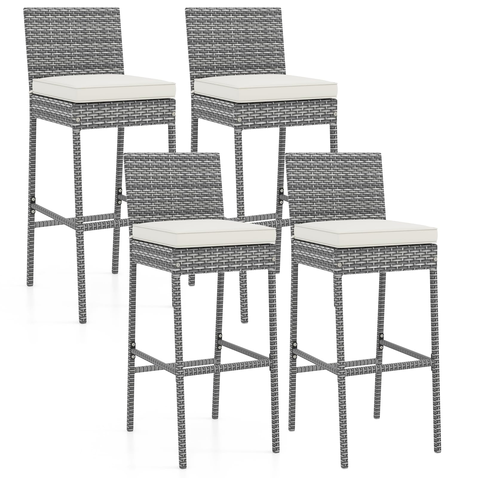 COSTWAY Outdoor Wicker Bar Stools Set of 2, 30'' Patio Bar Height Chairs with Cushion, Footrest and Backrest, Rattan Barstools for Backyard Poolside Deck (Grey)