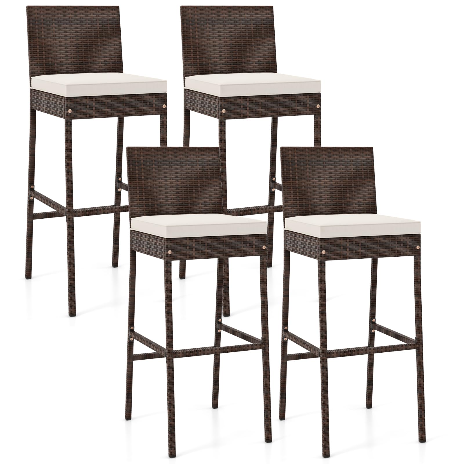 COSTWAY Outdoor Wicker Bar Stools Set of 2, 30'' Patio Bar Height Chairs with Cushion, Footrest and Backrest, Rattan Barstools for Backyard Poolside Deck (Grey)