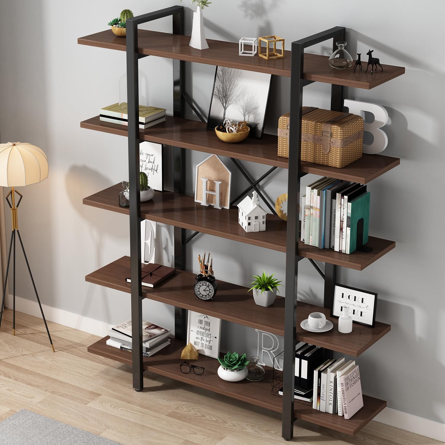 5-Tier Industrial Bookshelf, Storage Organizer for Home Office Living Room