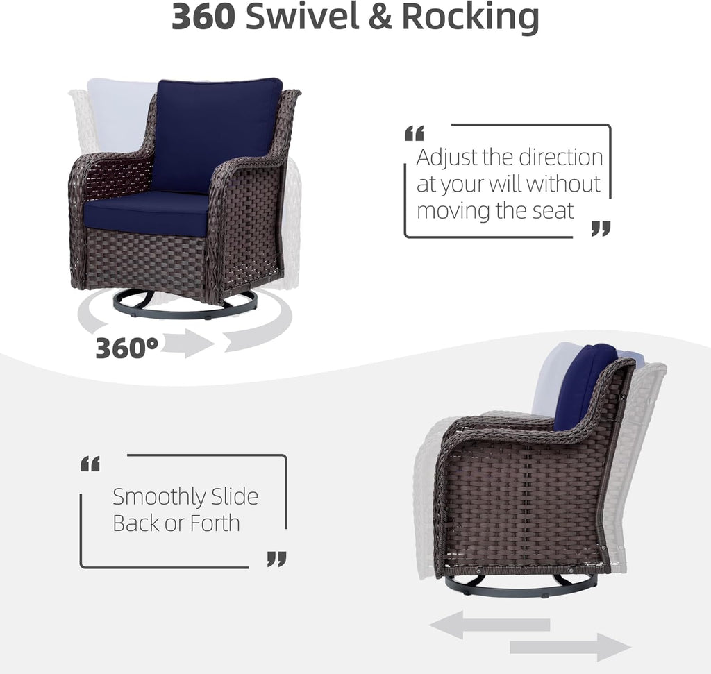 Towallmark Outdoor Swivel Wicker Glider Patio Chairs with Table Set, 3 Pieces Outdoor Bistro Set with 4”Thick Cushions and Coffee Table for Porch, Balcony, Deck (Blue)