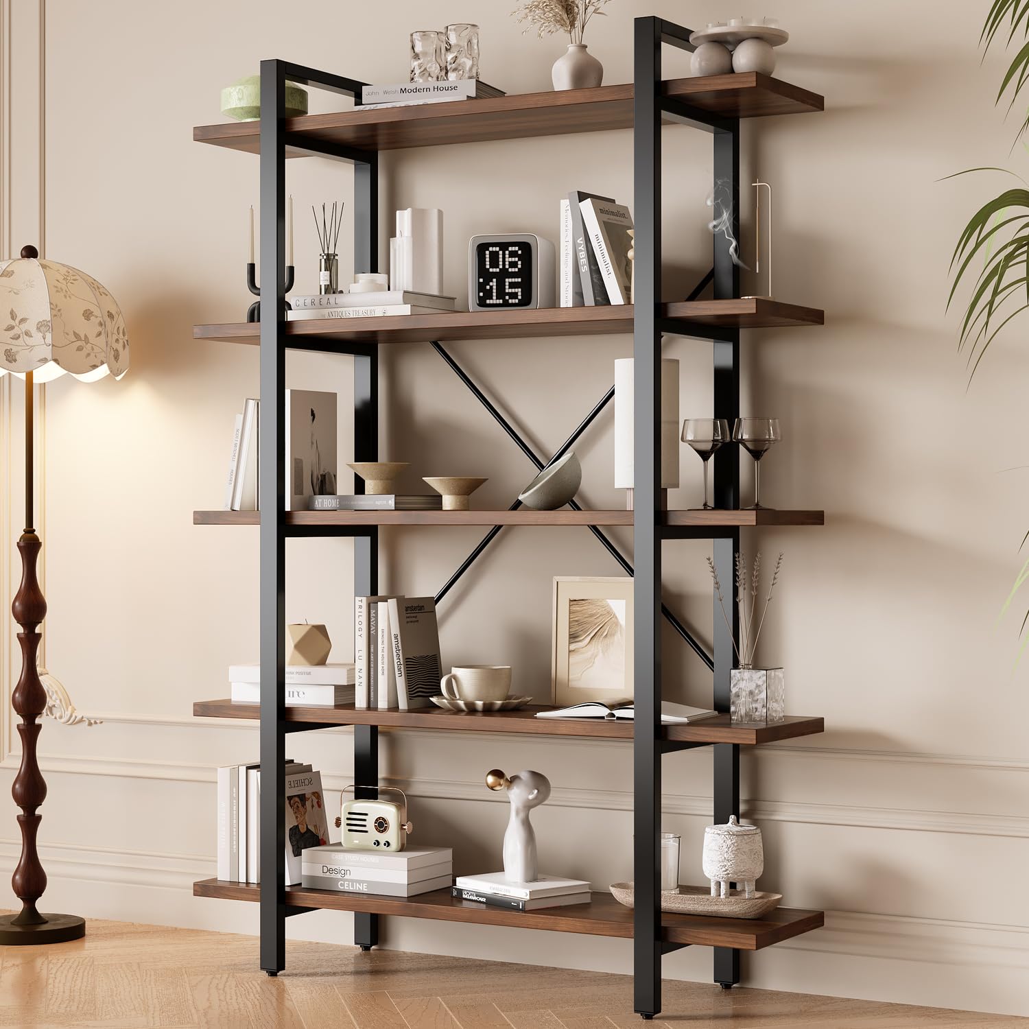 5-Tier Industrial Bookshelf, Storage Organizer for Home Office Living Room
