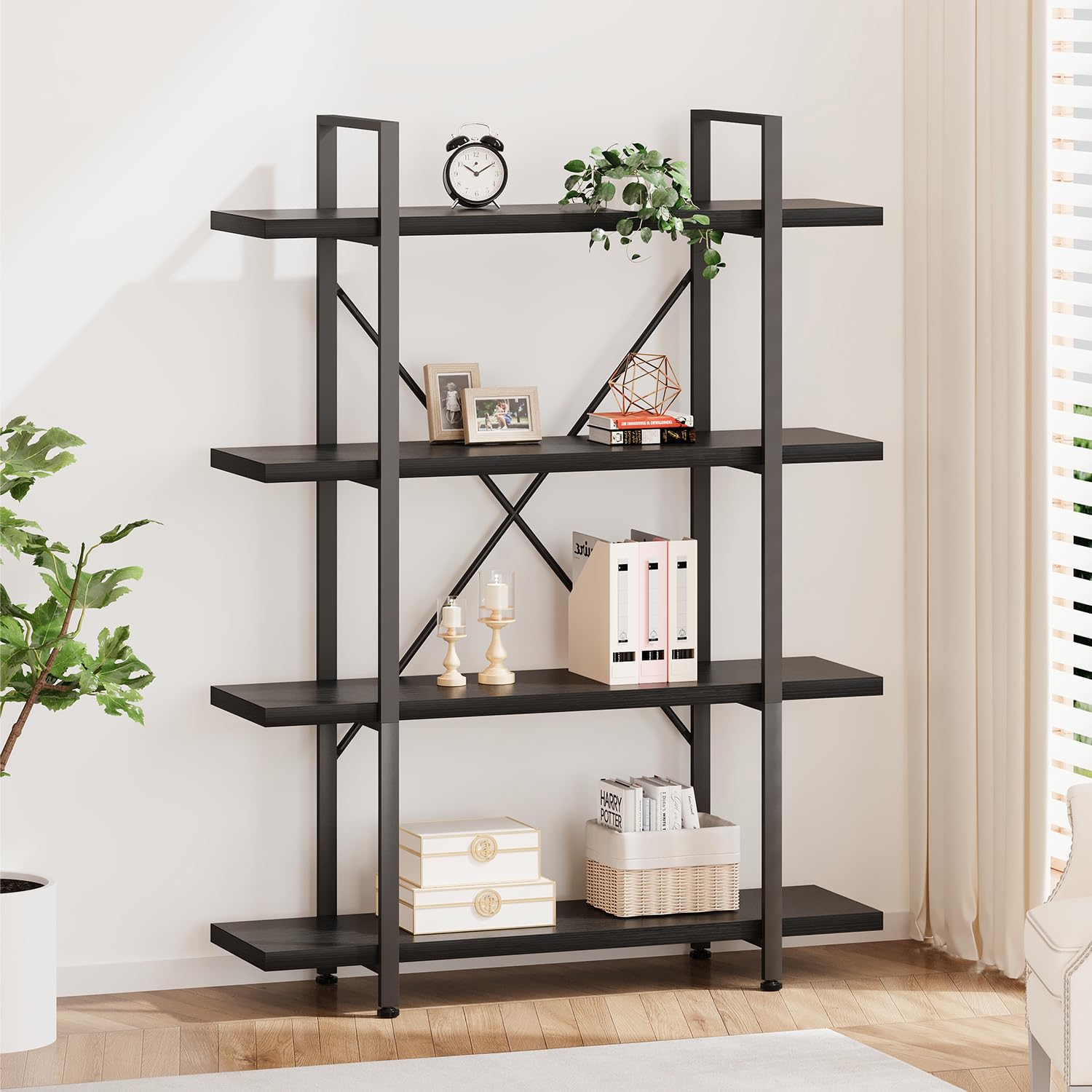 HSH 4-Shelf Vintage Industrial Bookshelf, Rustic Gray Wood and Metal 4 Tier Bookcase, Open Wide Etagere Book Shelf for Home Office Livingroom Bedroom Dispaly, Light Grey Oak