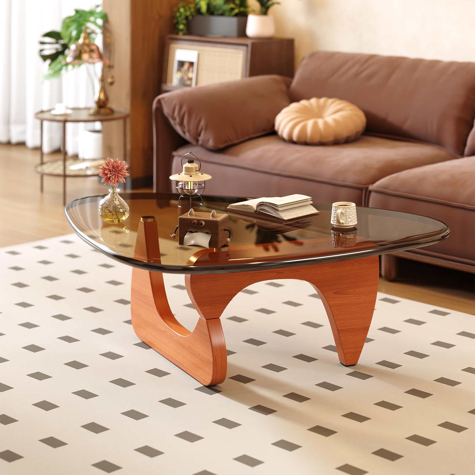 Coffee Table for Living Room Mid Century Modern Center Table with Glass Top and Wood,36 Inch, Transparent/Walnut
