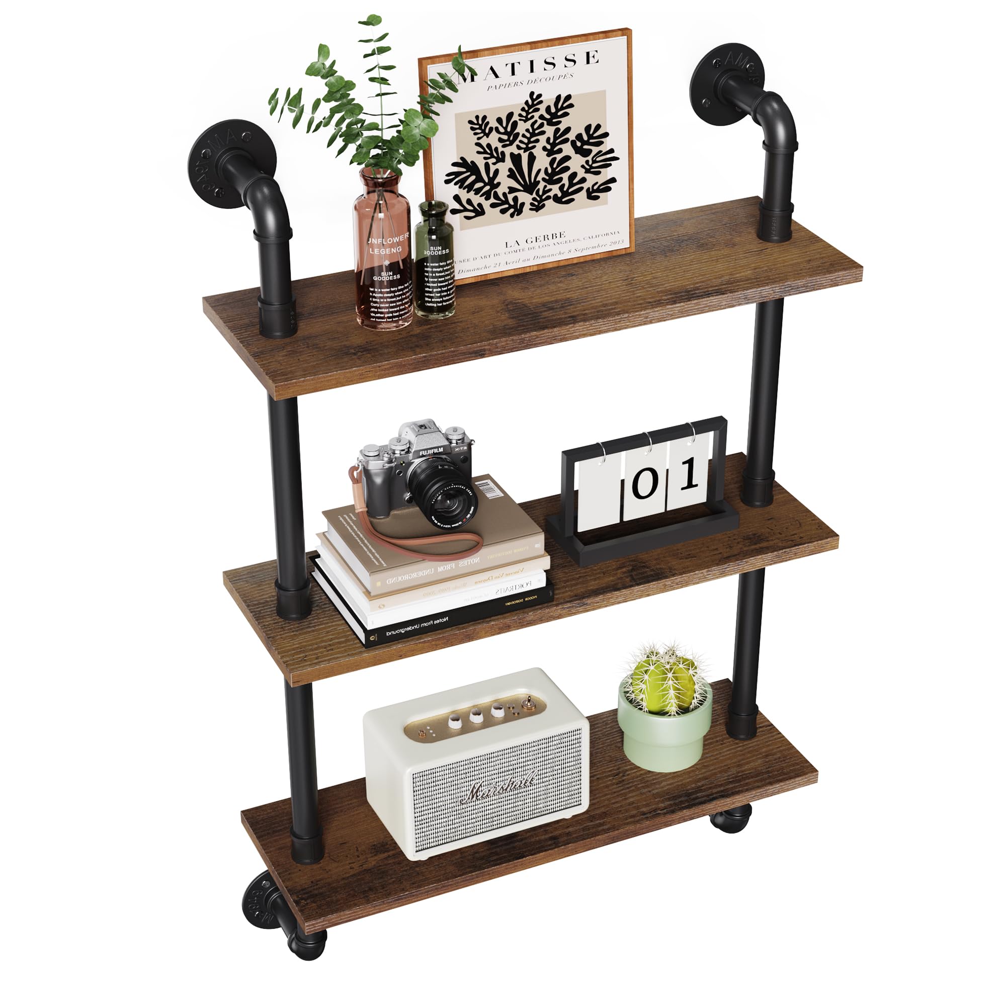 Merapi 24" Industrial Floating Shelves, Pipe Shelves for Wall, 2 Tier Rustic Wood Wall Shelves for Home Décor, Bedroom, Living Room, Bathroom