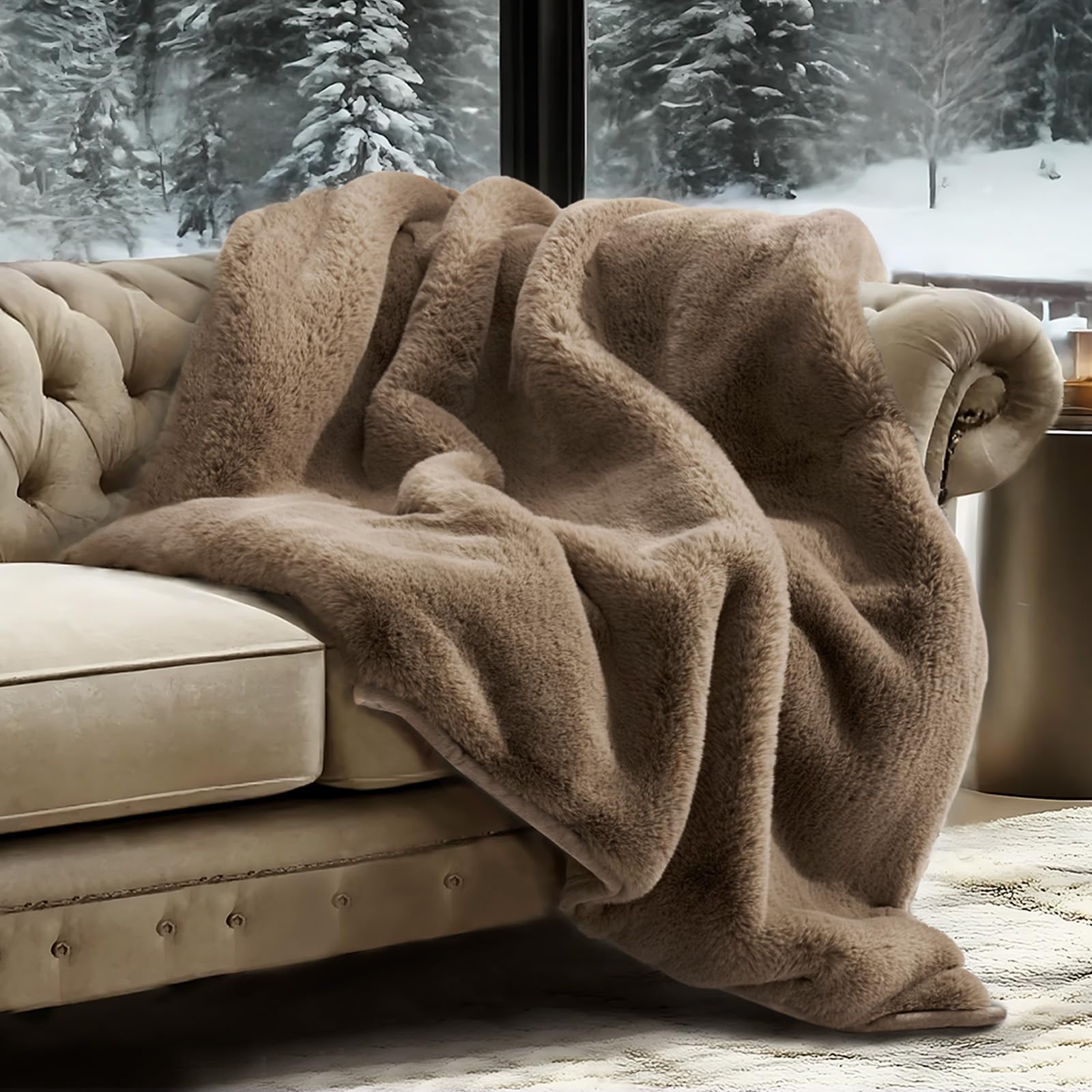 EVERGRACEHOME Luxury Soft Faux Chinchilla Fur Throw Blanket for Couch, Warm Thick Heavy Winter Throw Blanket 1220GSM for Bed, Fluffy Cozy Mink Blanket with Reversible Velvet, Brown Sable, 50"x60"