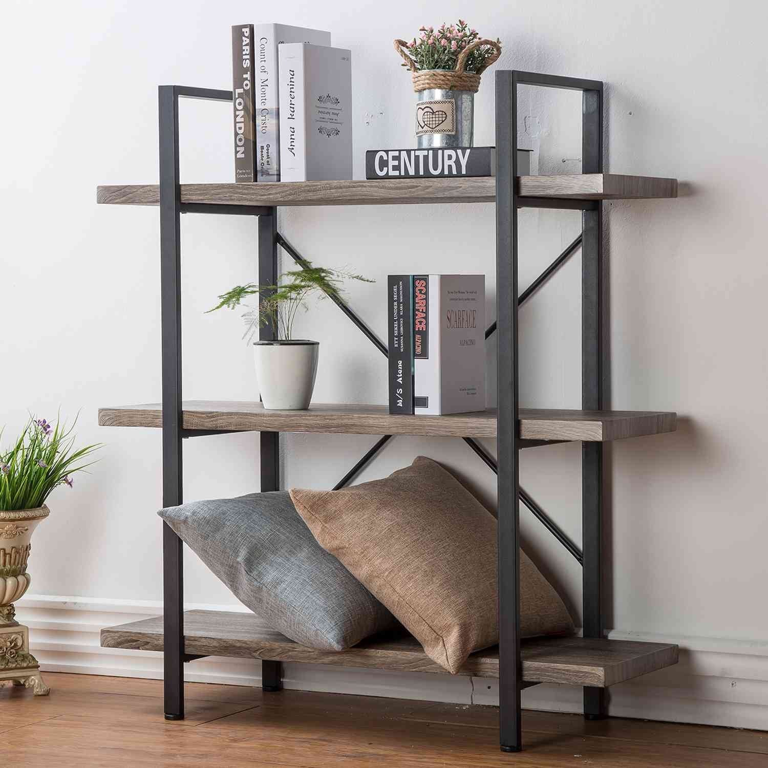 HSH 4-Shelf Vintage Industrial Bookshelf, Rustic Gray Wood and Metal 4 Tier Bookcase, Open Wide Etagere Book Shelf for Home Office Livingroom Bedroom Dispaly, Light Grey Oak