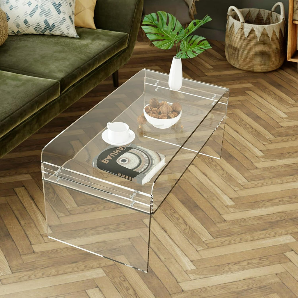 Clear Acrylic Coffee Table with Storage Shelf, 31.5" Rectangular Side Table