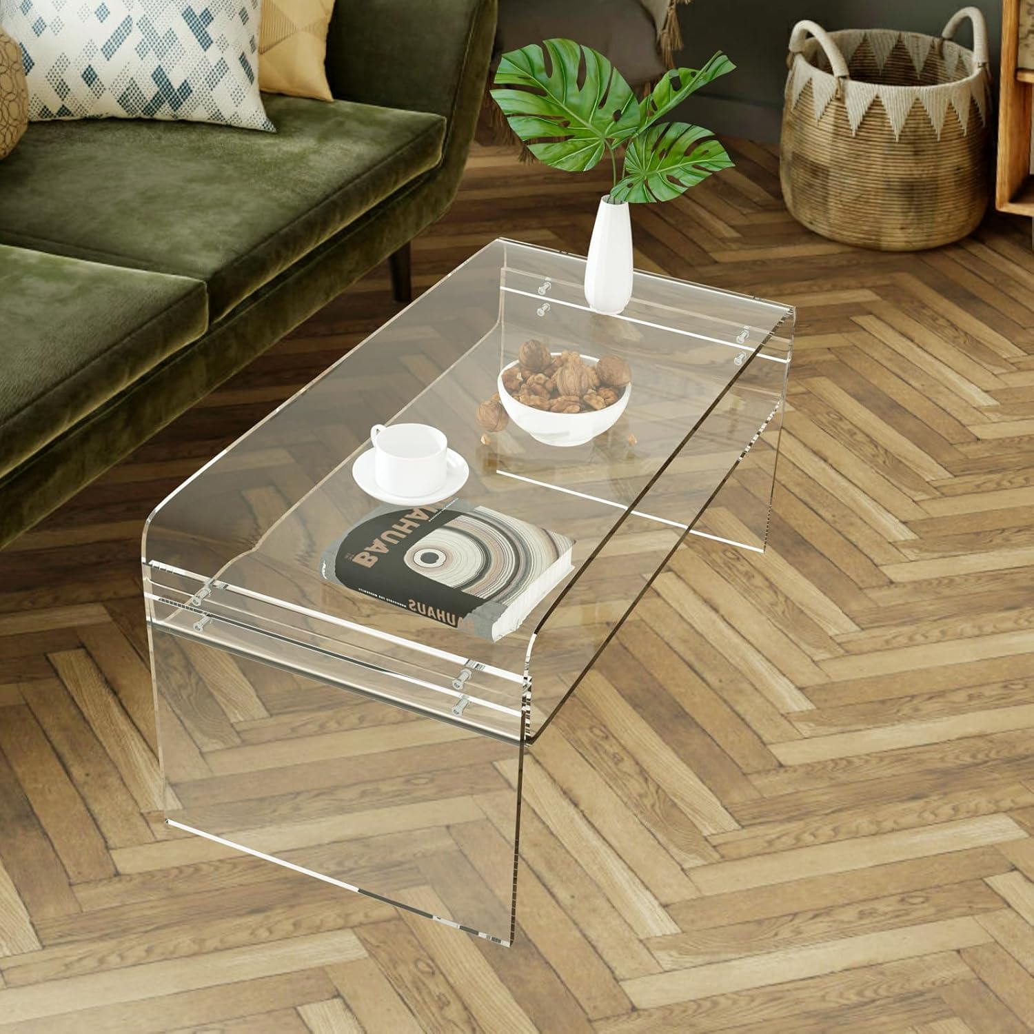 Clear Acrylic Coffee Table with Storage Shelf, 31.5" Rectangular Side Table