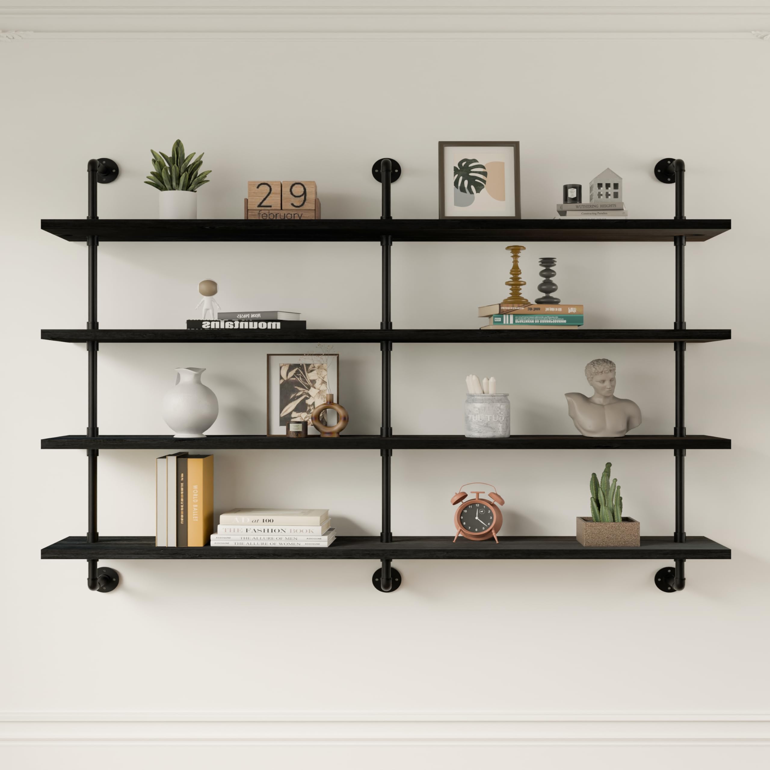 HDDFER Industrial Pipe Shelf Shelving Bookcase, Wall Mounted Rustic Bookshelf, Floating Bookshelves for Wall,Retro Wood Metal Pipe Industrial Shelves for Living Room